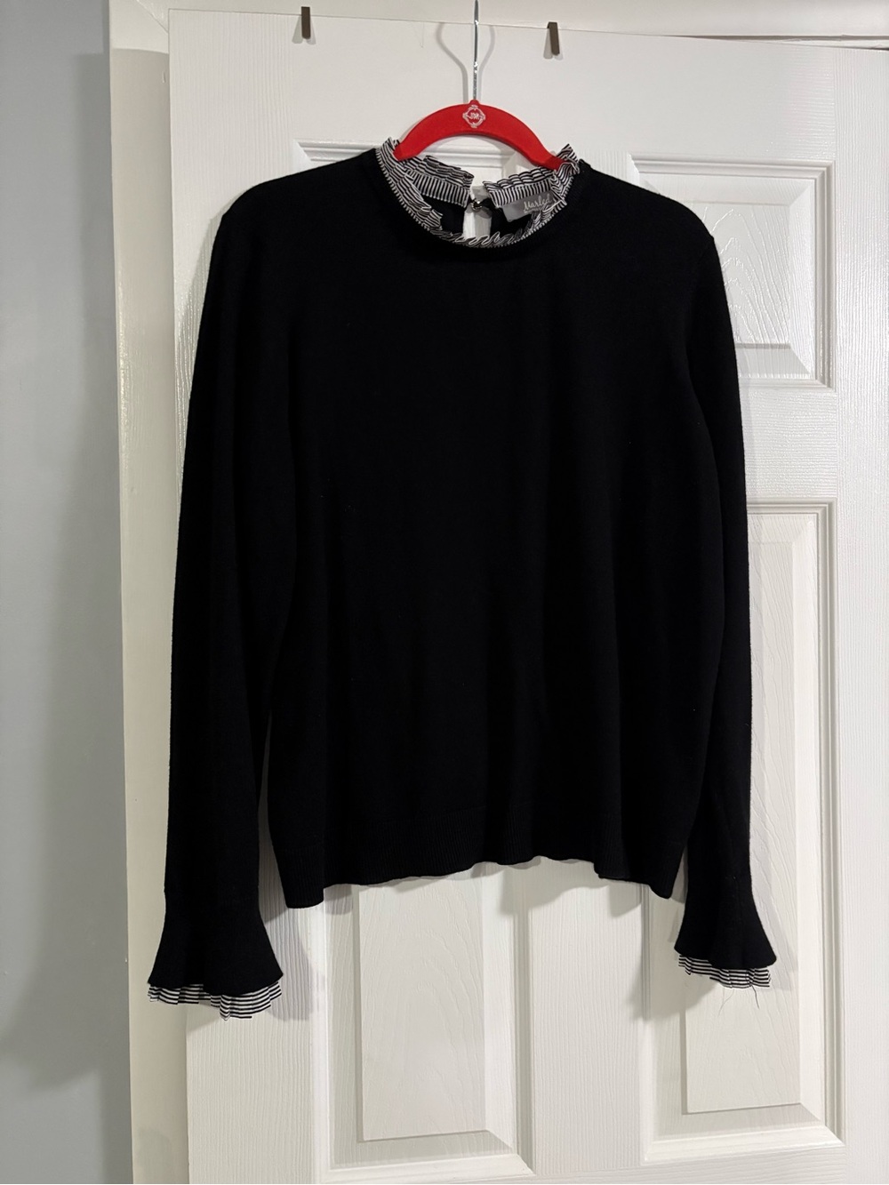 Black Long Sleeve Sweater with Striped Ruffle Trim